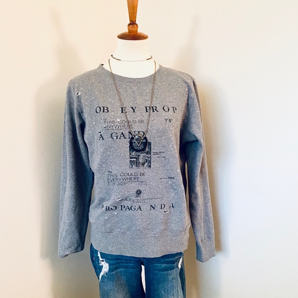 Obey Distressed Graphic Gray Pullover Sweatshirt - Picture 6 of 7